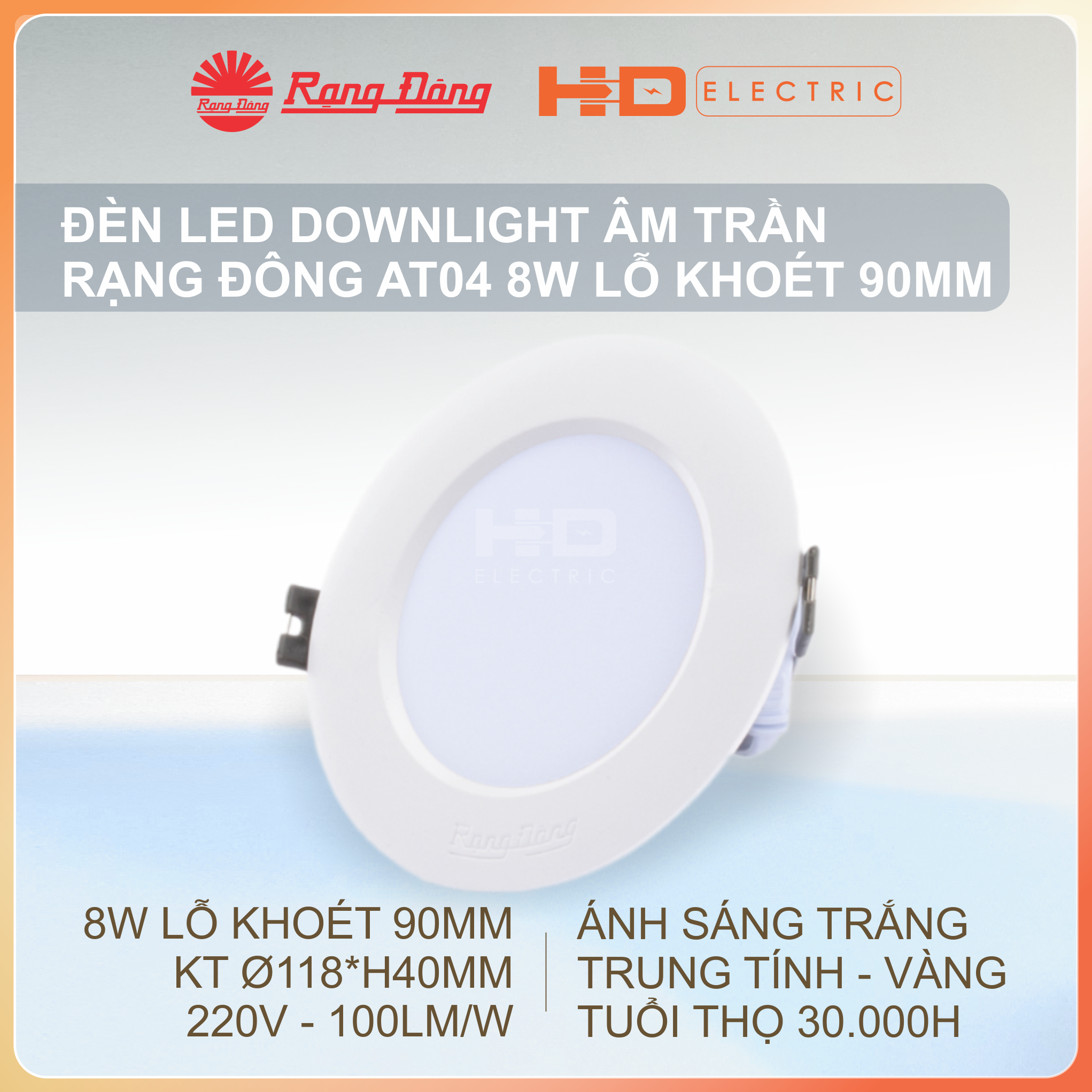 Đèn LED Âm trần Rạng Đông AT04 8W Lỗ khoét 90mm (D90) - Downlight Ánh sáng trắng (6500K)